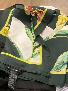 White House Black Market Dark Green Floral Silk Scarf with Yellow Accents